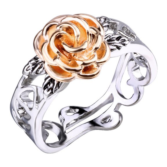 Opvise Elegant Two Tone Women Rose Flower Hollow Band Finger Ring Wedding Jewelry Gift
