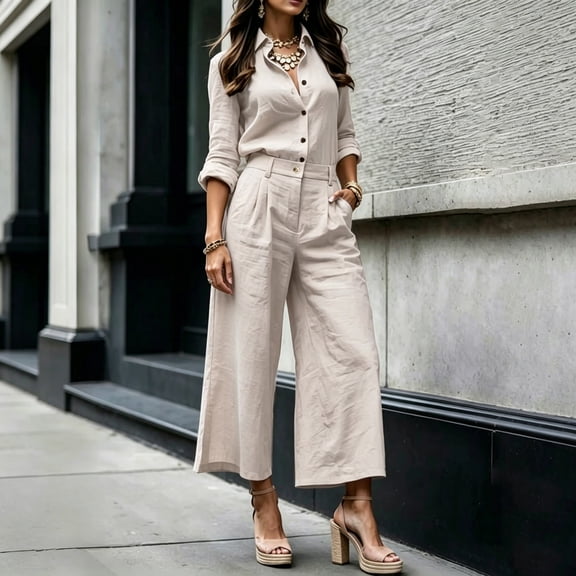 Mifsaly Dressy 2 Piece Sets for Women Long Sleeve Button Down Shirt and High Waisted Wide Leg Pants Elegant Business Casual Work Office Matching Outfits with Pockets Beige,XXL