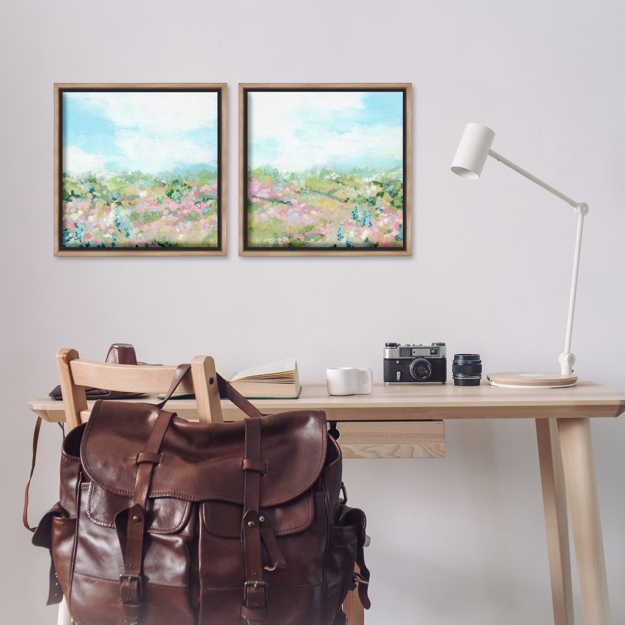 Stupell Industries Abstract Cottage Meadow Landscape Painting Brown Floater Framed Canvas Art Print Wall Art, 18 x 18, Set of 2