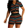 thumbnail image 2 of YHAJDS Women 2 Piece Outfits Summer Knit Hollow Out V Neck Short Sleeve Top Wide Leg Pants, 2 of 3