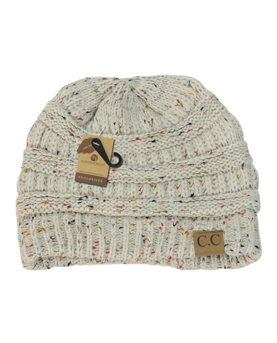 Dream Room Women Pompoms Beanie Hat Confetti Knit Beanie Thick Stretch Ponytaill Cap