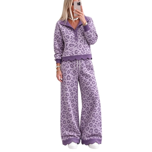 Szluipve 2 Piece Sets for Women Leopard Print 2 Piece Outfit Button Collar Long Sleeve Scalloped Hem Top High Waist Wide Leg Pants Casual Loungewear Tracksuit Set Purple XXL