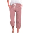 thumbnail image 1 of Womens Cargo Pants With Pockets Drawstring Elastic High Waist Linen Straight Wide Leg Cropped Trouser High Waisted Pants Watermelon Red L, 1 of 4