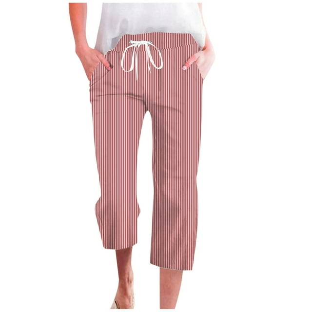 Womens Cargo Pants With Pockets Drawstring Elastic High Waist Linen Straight Wide Leg Cropped Trouser High Waisted Pants Watermelon Red L