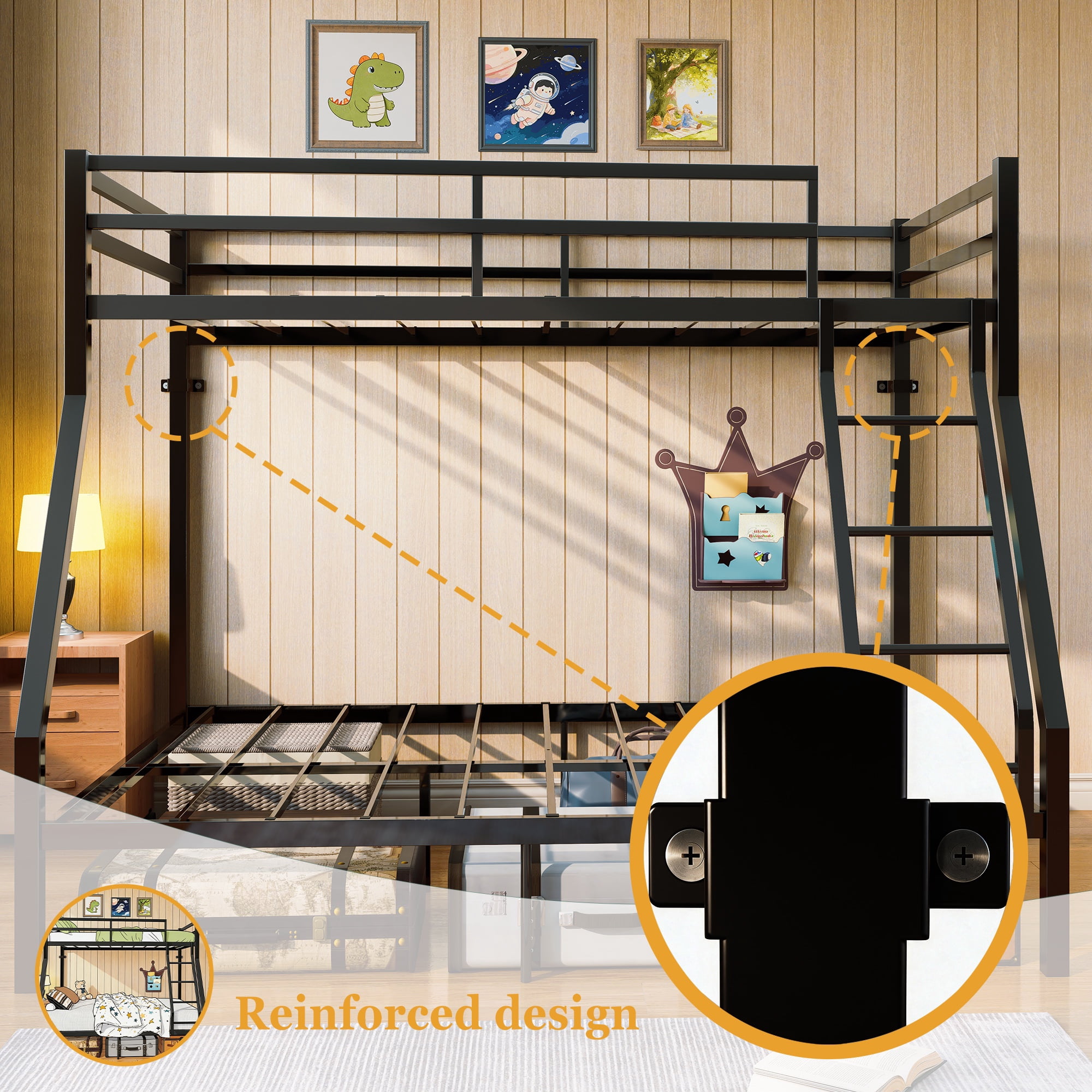 PORKISS Twin Over Full Bunk Bed, Heavy Duty Metal Bunk Bed Frame with Ladder & Guardrails, No Box Spring Needed, Space Saving Loft Bed with Under-Bed Storage for Kids/Teens & Adults, Black