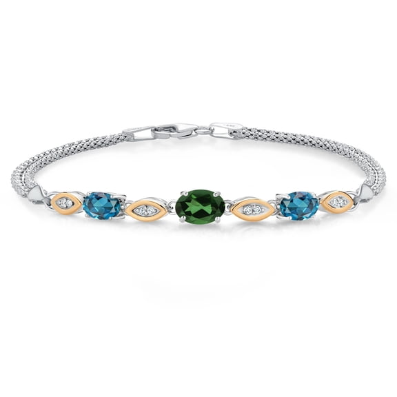 925 Silver and 10K Yellow Gold Emerald Envy Mystic Topaz and London Blue Topaz and White Lab Grown Diamond Bracelet for Women (2.06 Cttw, November Birthstone, Oval, Wheat Chain, 6.5 inches)