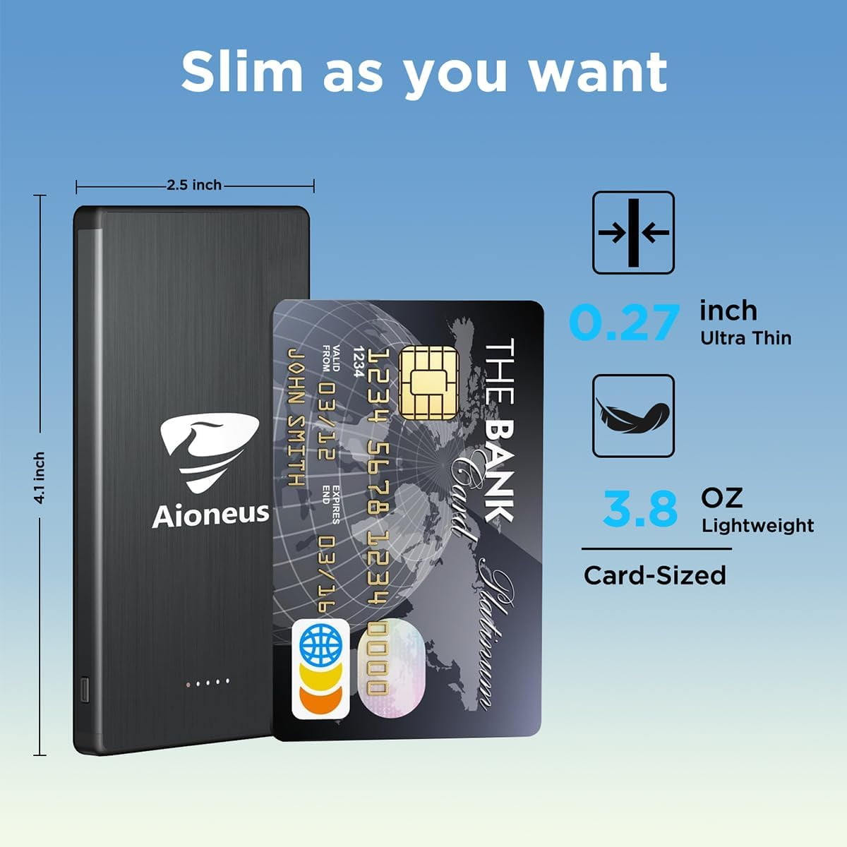 Aioneus Slim Wireless Portable Charger, 5000mAh Fast Charging Magnetic Power Bank, Magsafe Charger Compatible with iPhone, Samsung, Black
