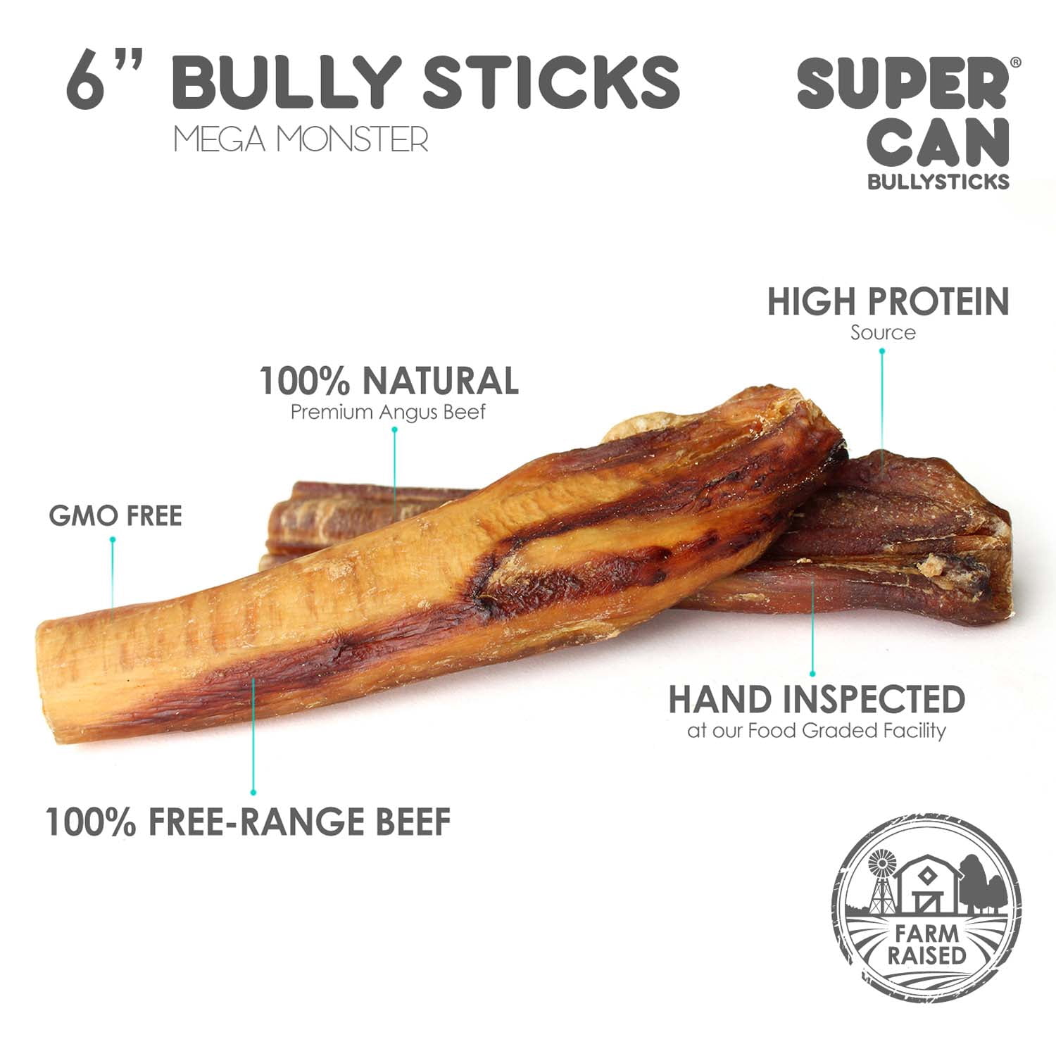 Supercan Bully Sticks for Large Dogs, 6-inch Mega Monster Bully Sticks [5-Pack] Thick Bully Sticks for Ferocious Chewers - Long Lasting Dental Treats - Non-GMOs 100% Natural Beef Sticks for Dogs
