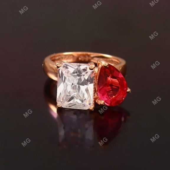 Double EMerald Cut Diamond Ring Toi Et Moi Ring 925 Silver Two Stone Ring Pear Ruby Engagement Ring You and Me Ring, Gemstone Ring For Gifts