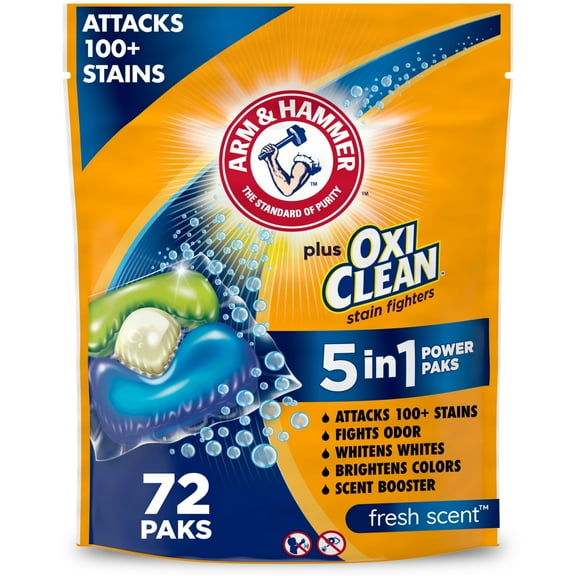 ARM & HAMMER Plus OxiClean Stain Fighters: 5-in-1 Laundry Detergent Power Paks, Fresh Scent, 72 Count