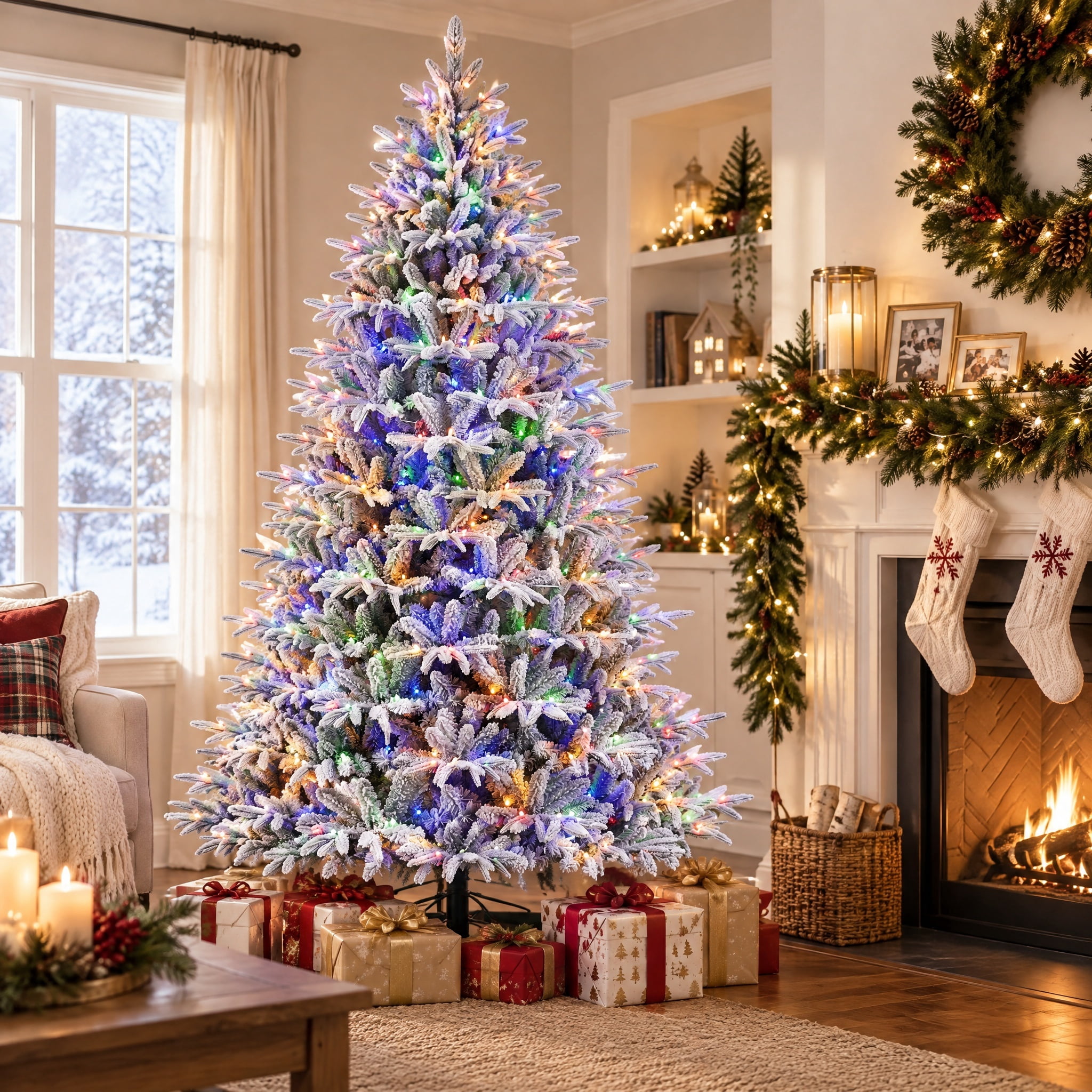 7.5' Pre-Lit Aberdeen Spruce Snow-Flocked Green Artificial Christmas Tree with 400 Color-Changing LED Lights and Stand, by Holiday Time