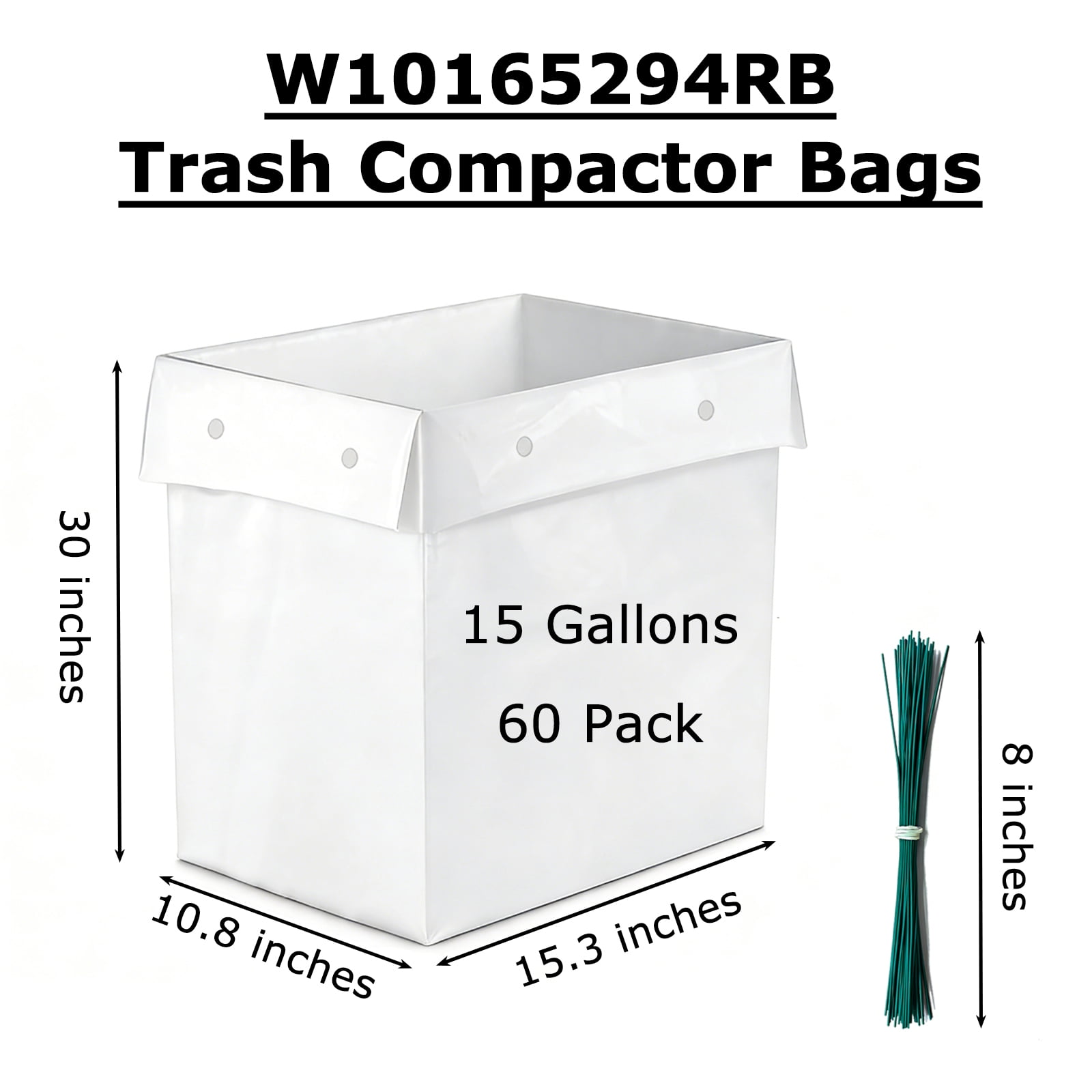 60 Pack Trash Compactor Bags Heavy Duty Compactor Bag for Kitchen Leak Proof 2.6 MIL Thickened Garbage Compactor Bags Fit for 15 inch Drawer Compactors(with Reserved Holes&Ties)