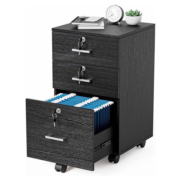 HYYOP 3-Drawer File Cabinet with Lock, Wood Rolling Filing Cabinets for Home Office, Mobile Printer Stand, Under Desk File Organizer for Letter Sized Files, 26" H(Caster Included), Black