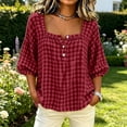 thumbnail image 2 of Women's Loose Fit French Collar Plaid Long Sleeve Shirts Blouse Comfy Breathable Cute Trendy Outfits Casual Daily Wear Summer Vacation | CSEONE,Wine XL, 2 of 6