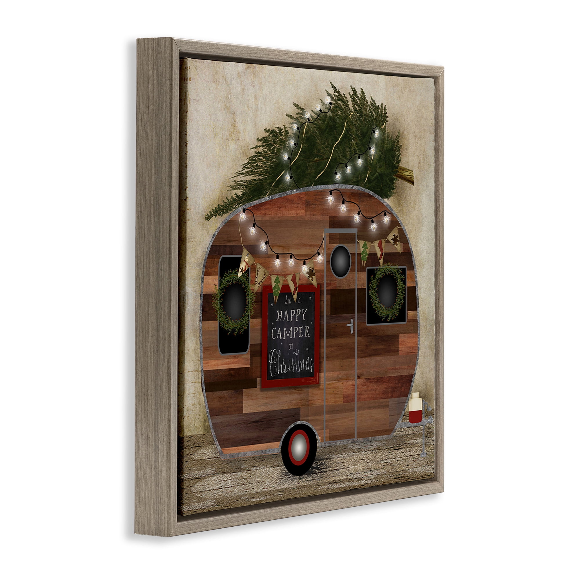 Stupell Industries Happy Camper At Christmas Holiday Painting Brown Floater Framed Canvas Art Print Wall Art, 25 x 25