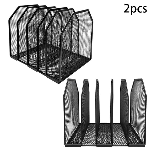 2pcs Vertical File Organizer for Desk - Metal Mesh Holder with 5 Compartments, File Folder Rack & Document Storage Stand