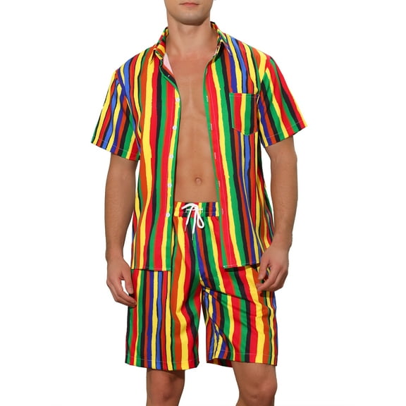Lars Amadeus Hawaiian Rainbow 2 Pieces for Men's Father's Day Gift Vacation Beach Shirt and Shorts Sets