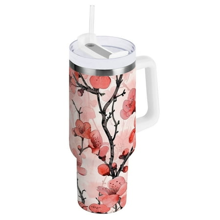 

JSTEL Red Cherry Blossom Floral Flowers 30 oz Tumbler Stainless Steel Water Bottle Vacuum Insulated Cup with Straw Lid & Handle For Travel Car Cup Holder