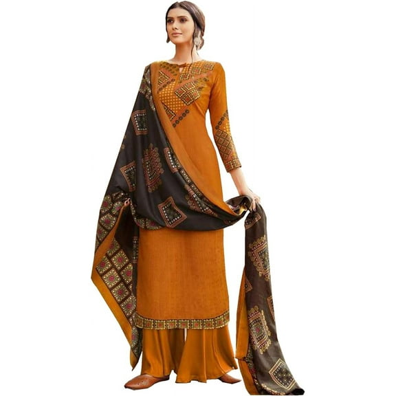 Pakistani Indian Stylish Designer Cotton Shalwar Kameez Plazzo Pant Suits ( Yellow, 3XL - 48 )