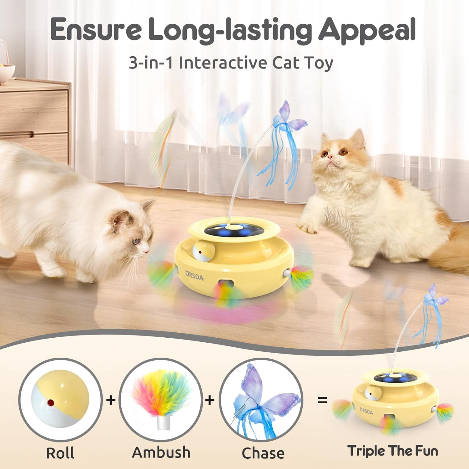 ORSDA 3-in-1 Cat Toys Rechargeable, Interactive Cat Toys for Indoor Cats Automatic Kitten Toy, Moving Ambush Feather, Fluttering Butterfly Toy, Track Balls, Whack a mole Cat Teaser with 9 Attachments