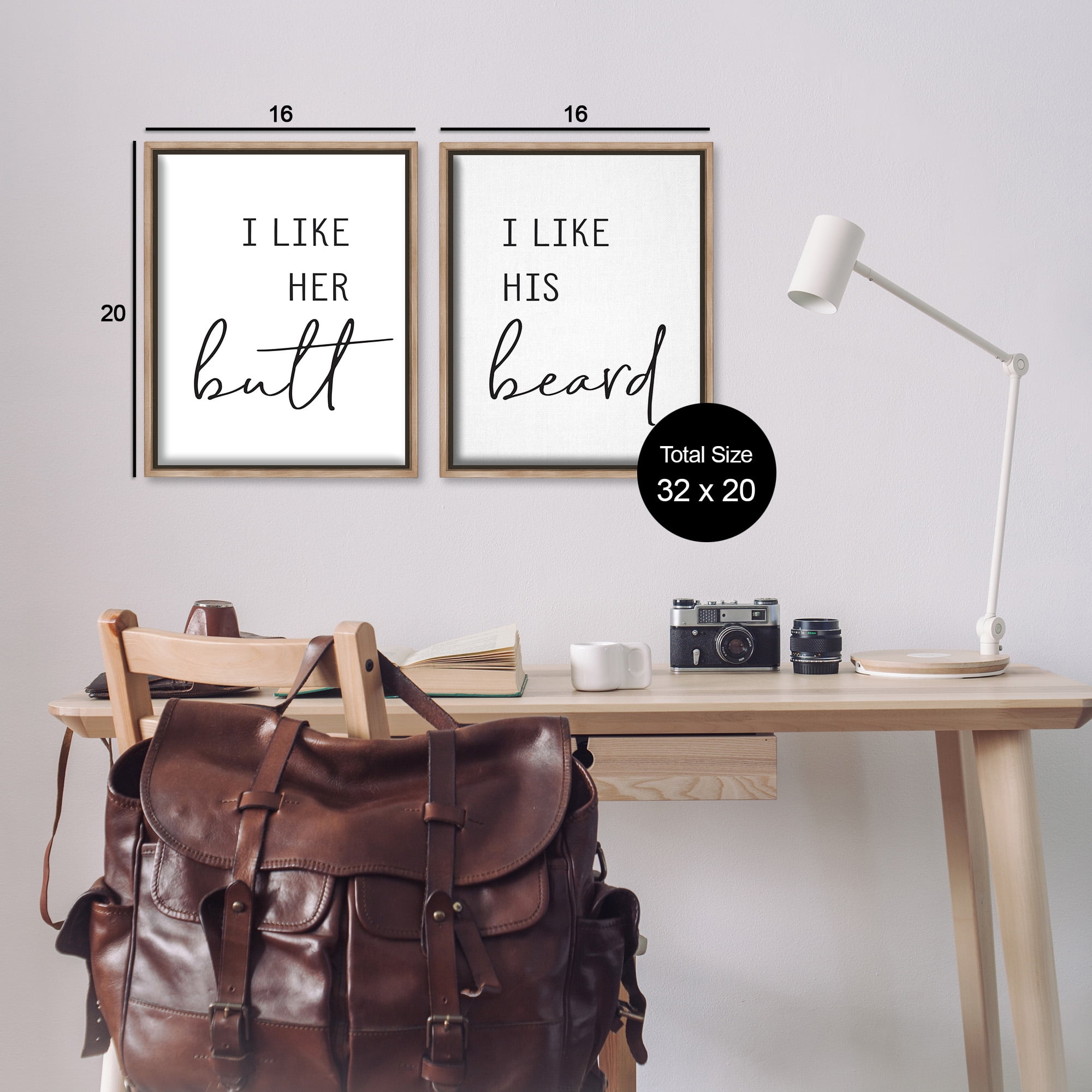 Stupell Industries Her Butt His Beard Funny Romantic Typography Painting Brown Floater Framed Canvas Art Print Wall Art, 17 x 21, Set of 2