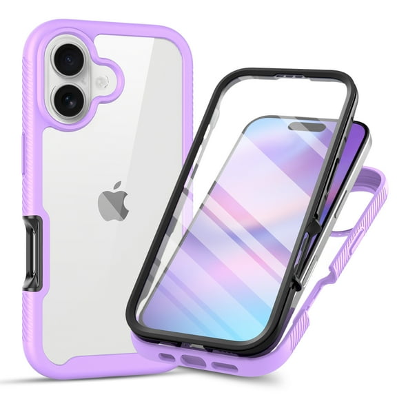 Decase Hybrid Anti-Scratch Clear Case for iPhone 17, Dustproof Shockproof Case with Built-in Front Tempered Screen Protector, Full Body Protective Heavy Duty Slim Back Phone Cover,Purple