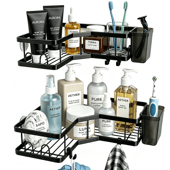 2 Pack Shower Corner Caddy, No Drilling Stainless Steel 90 Degree Wall Mount Bathroom Storage Shelf with Hooks & Toothbrush Cup Holder, Multipurpose Corner Organizer Rack for Bathroom & Kitchen
