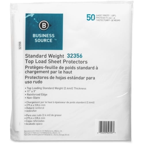 Business Source Nonglare Top-loading Sheet Protectors 11' Height x 9' Width - 2.4 mil Thickness - For Letter 8 1/2' x 11' Sheet - Rectangular - Clear - Polypropylene - 50 / Pack