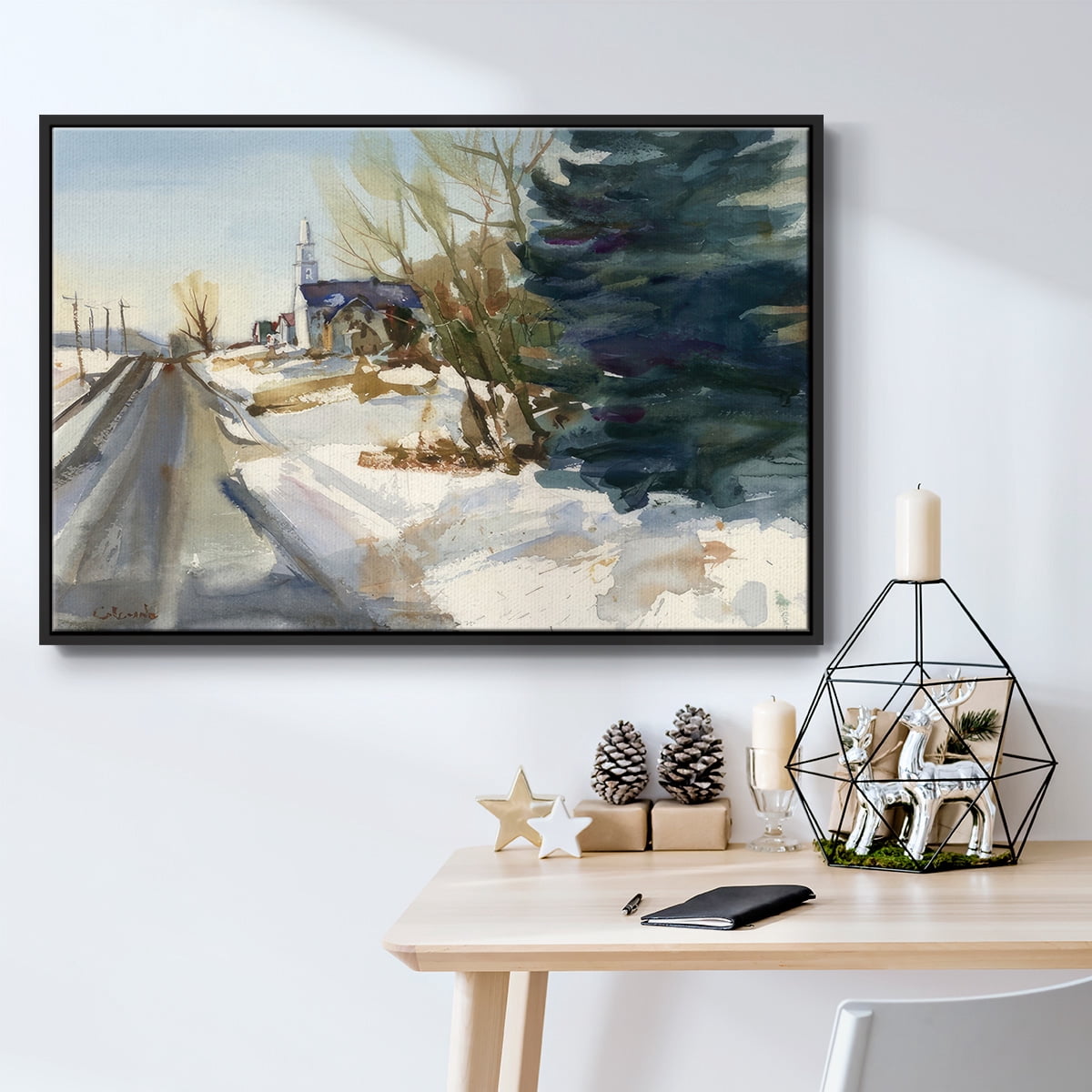 Congregational Church in Winter - Framed Gallery Wrapped Holiday Canvas - 27 x 41 - Black Frame