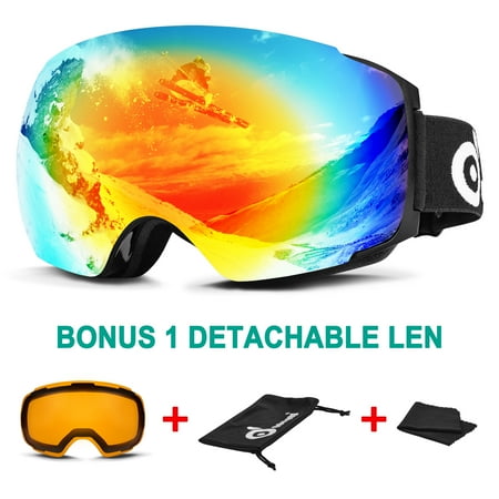 Lady Goggles - Odoland Ski Goggles for Men Women Magnetic Interchangeable Large Spherical Frameless OTG UV400 Protection
