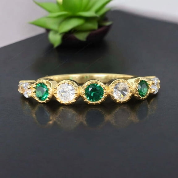 CZ Diamond Wedding Band Emerald Half Eternity Proposal Jewelry Yellow Gold Alternative Fine Women Jewelry May Birthstone Gift Band