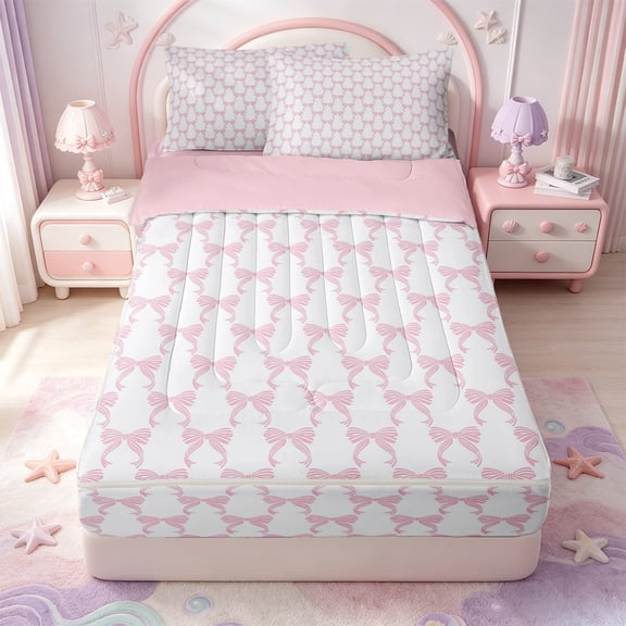 Manfei Minimalist Bow Zipper Twin Comforter Sets with Fitted Sheet and 2 Pillowcases,Dreamy Princess Bowknot Zipper Bedding Set,Pink Reversible,4pcs