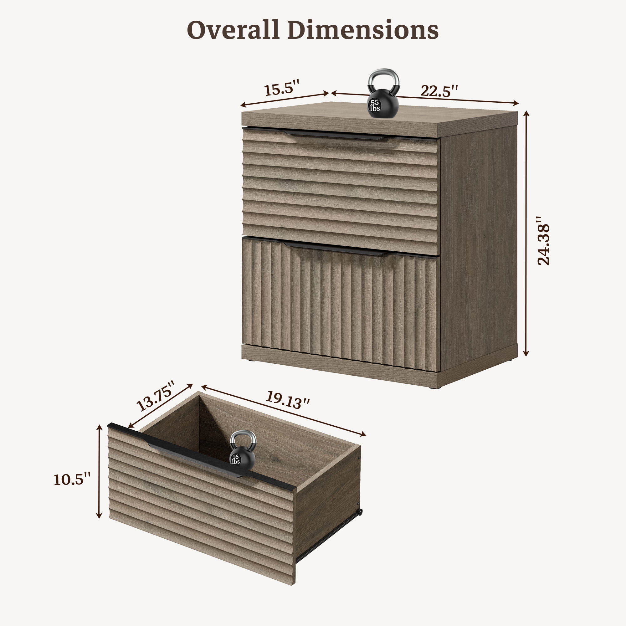 SICOTAS Modern Fluted 2 Drawer Nightstands Set of 2, Small Wooden Bedside Tables with Drawers & Black Handles, End Table for Bedroom, Living Room in Grey