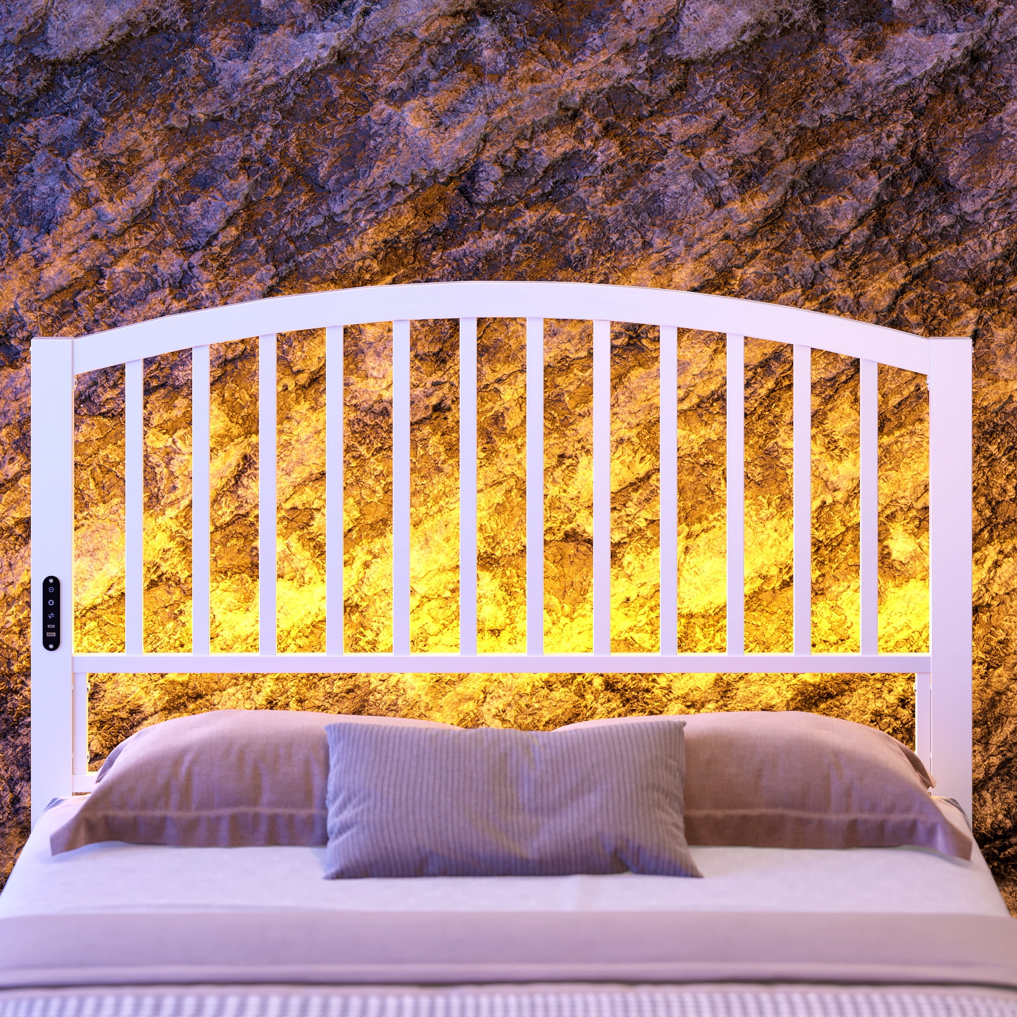 Garmic 46.76” High Queen Size Metal Headboard with LED Light & Charging, Height Adjustable Metal Platform Bed Headboard for Bed Frame - White