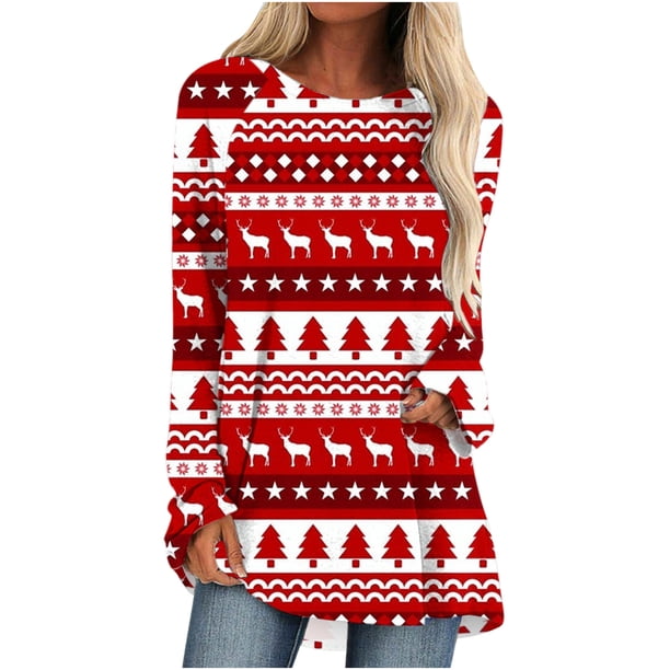 Tops de Otoño Para Mujer Tops Con Estampado de Navidad Moda Casual Manga Larga Cuello Redondo Blusa Suelta Camisas Odeerbi ODB181435