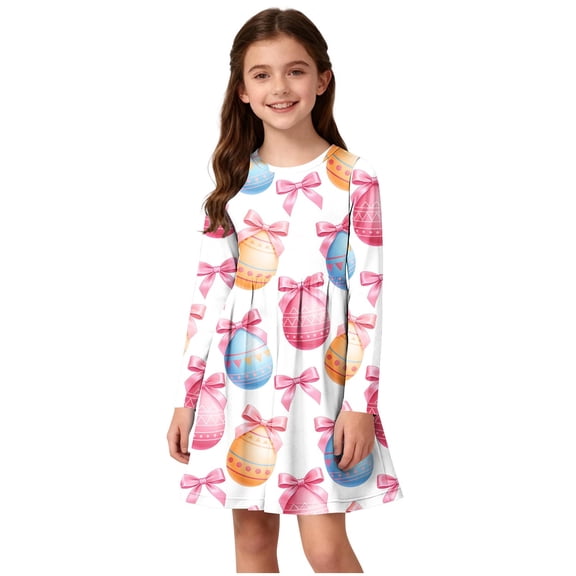 Little Girls' Easter Dress Long Sleeve Easter Egg Print A-Line Crewneck Casual Party Spring Clothes,Size 9-10 T