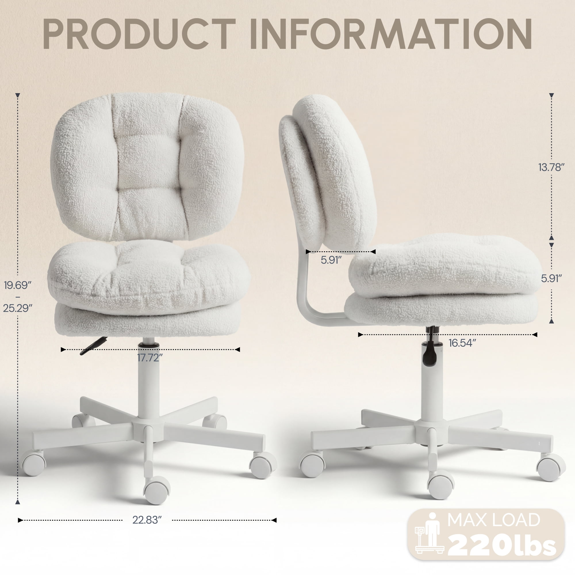 Goosea Office Desk Chair with Double-layer Thick Cushion and Backrest Vanity Chair, Armless Rotatable Computer Chair, Height Adjustable, White