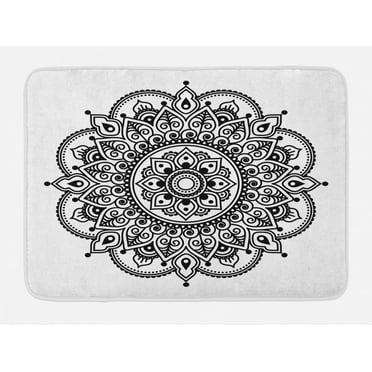 Henna Bath Mat, Symmetrical Ethnic Flower Pattern Eastern Culture Inspired Monochrome Mandala Design, Non-Slip Plush Mat Bathroom Kitchen Laundry Room Decor, 29.5 X 17.5 Inches, Black White, Ambesonne