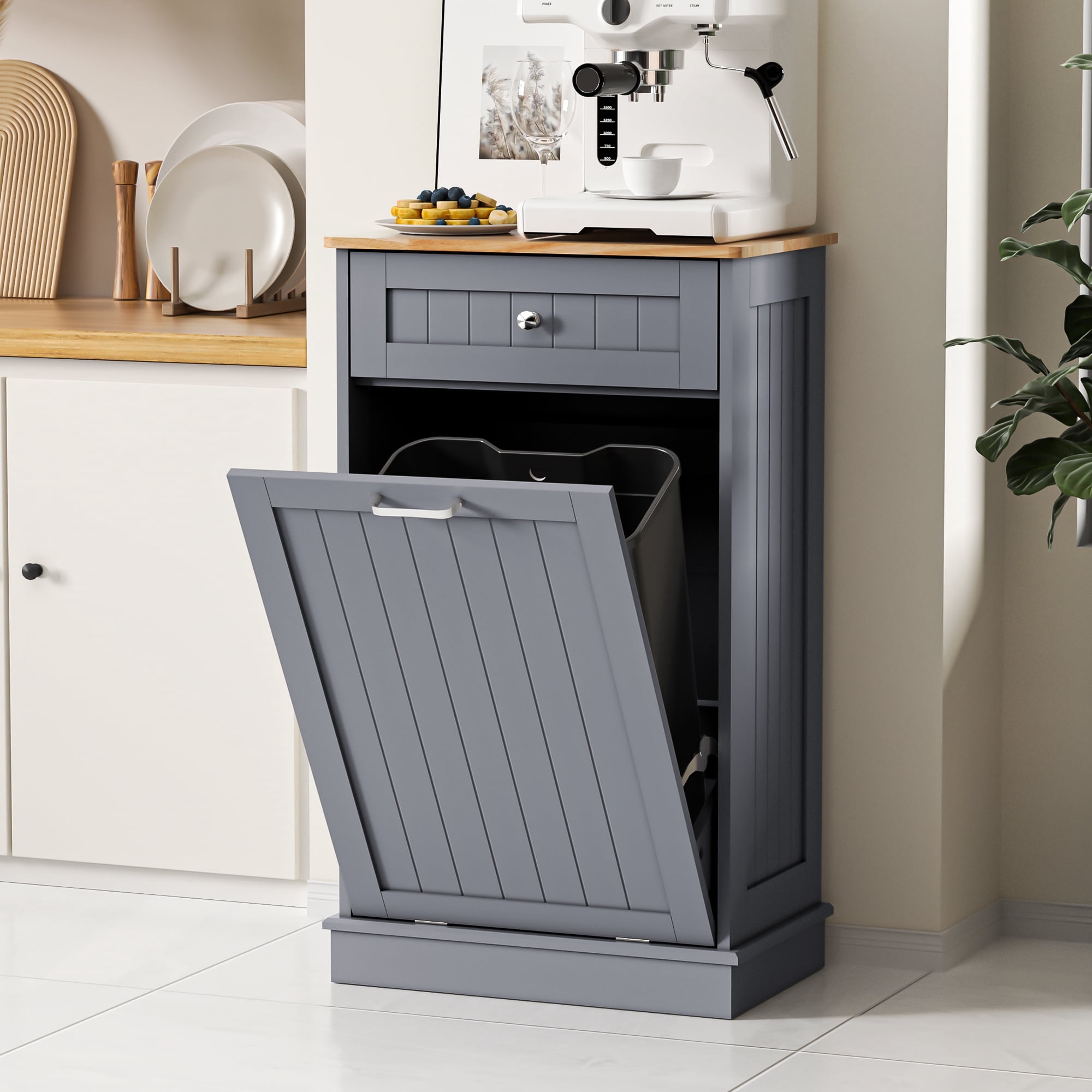 HARIPUL Single Tilt Out Trash Cabinet for 13 Gallon Waste Bin, Free Standing Kitchen Trash Can Cabinet with Drawers, Blue