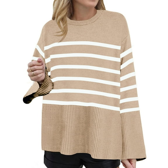 Odeerbi Fall Winter Striped Cotton Sweater For Women 2025 Long Sleeve Crew Neck Side Slit Oversized Pullover Sweater Beige