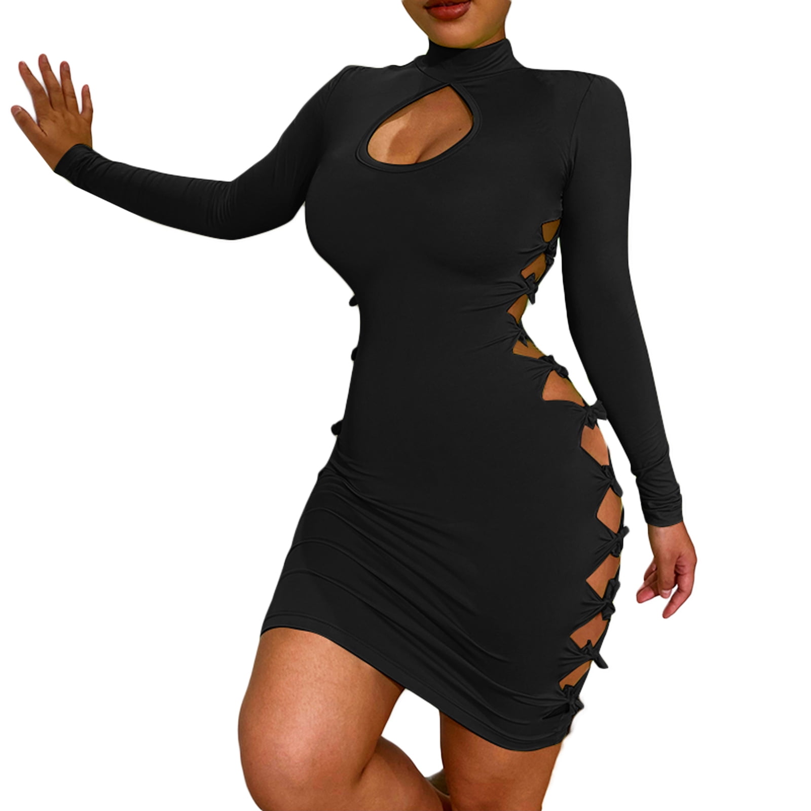 Womens Sexy Hollow Out Mini Dress Long 