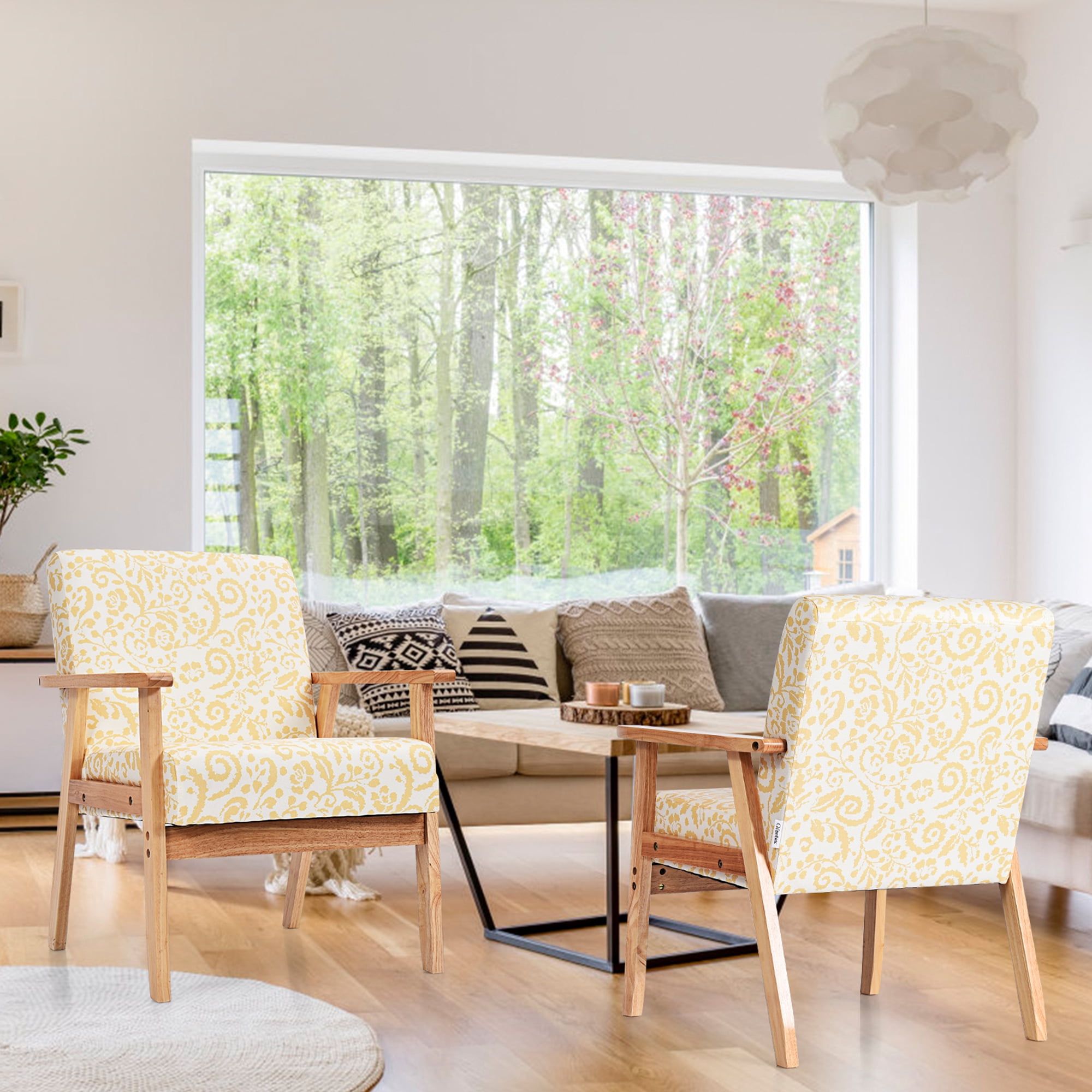 Gymax 2PCS Home Office Accent Armchair Upholstered Chair w/ Wooden Frame Yellow