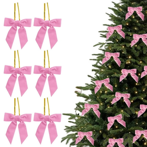 Christmas Tree Decorations Indoor, 6pcs/8cm Velvet Christmas Bows for Christmas Decorations Indoor Wreath Gift Wrap Crafts Wedding Party Bows for Home DecorationChristmas Ornaments Bows Pink