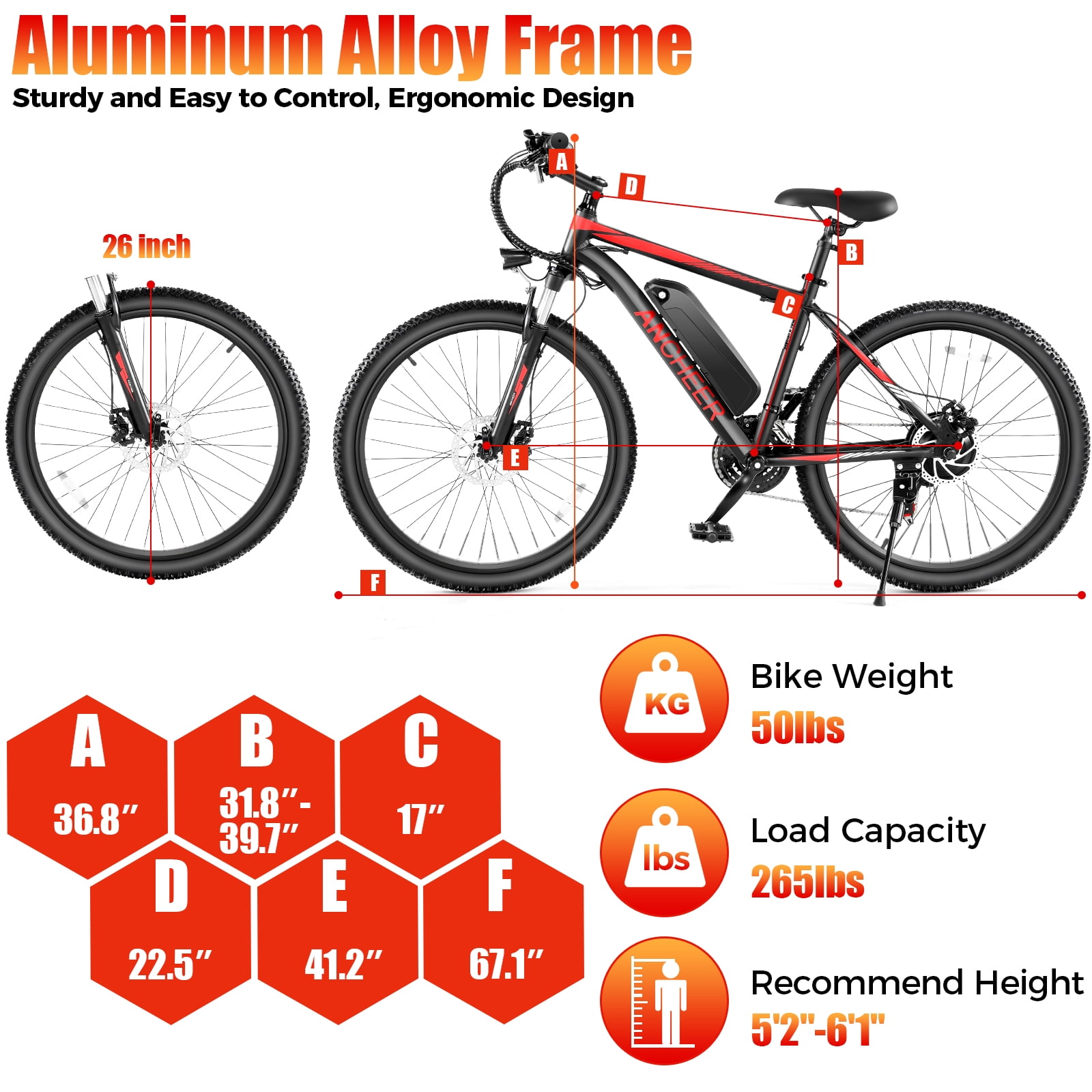 ANCHEER Electric Bike ,26" Electric Bike for Adults Electric Bicycles, 500W Electric Mountain Bike, 48V Commuter Ebike 48V Battery Ebike UL 2849, Lockable Suspension Fork, Shimano 21 Speed