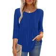 thumbnail image 4 of UVN Women Summer Blouses 3/4 Sleeves Loose Fit Shirts Ladies Pleated Crew Neck Tunic Tops, 4 of 10