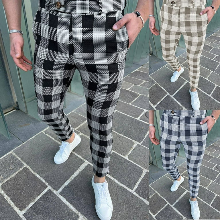 ALSLIAO Men Slim Fit Plaid Printed Checkered Pants Casual Work Formal  Business Trousers Silver XL 