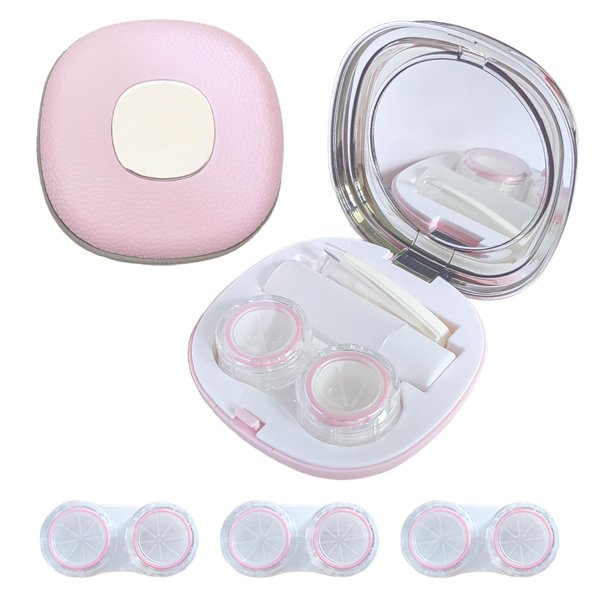 Kit de estuches para lentes de contacto Erewa con espejo y 3 estuches adicionales, color rosa