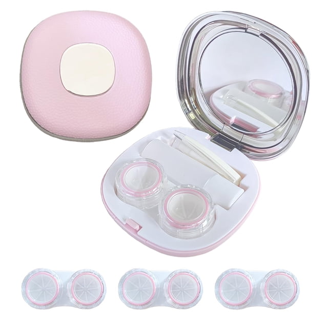 Kit de estuches para lentes de contacto Erewa con espejo y 3 estuches adicionales, color rosa