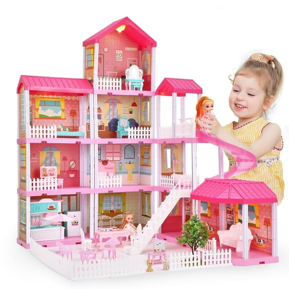 Dollhouse for Girls with 11 Rooms , 4 Story Pretend Play Toddler Dollhouse with LED Light, Furniture & Accessories, Gifts for Kids Aged 3 4 5 6 7 8 Years Old, Pink