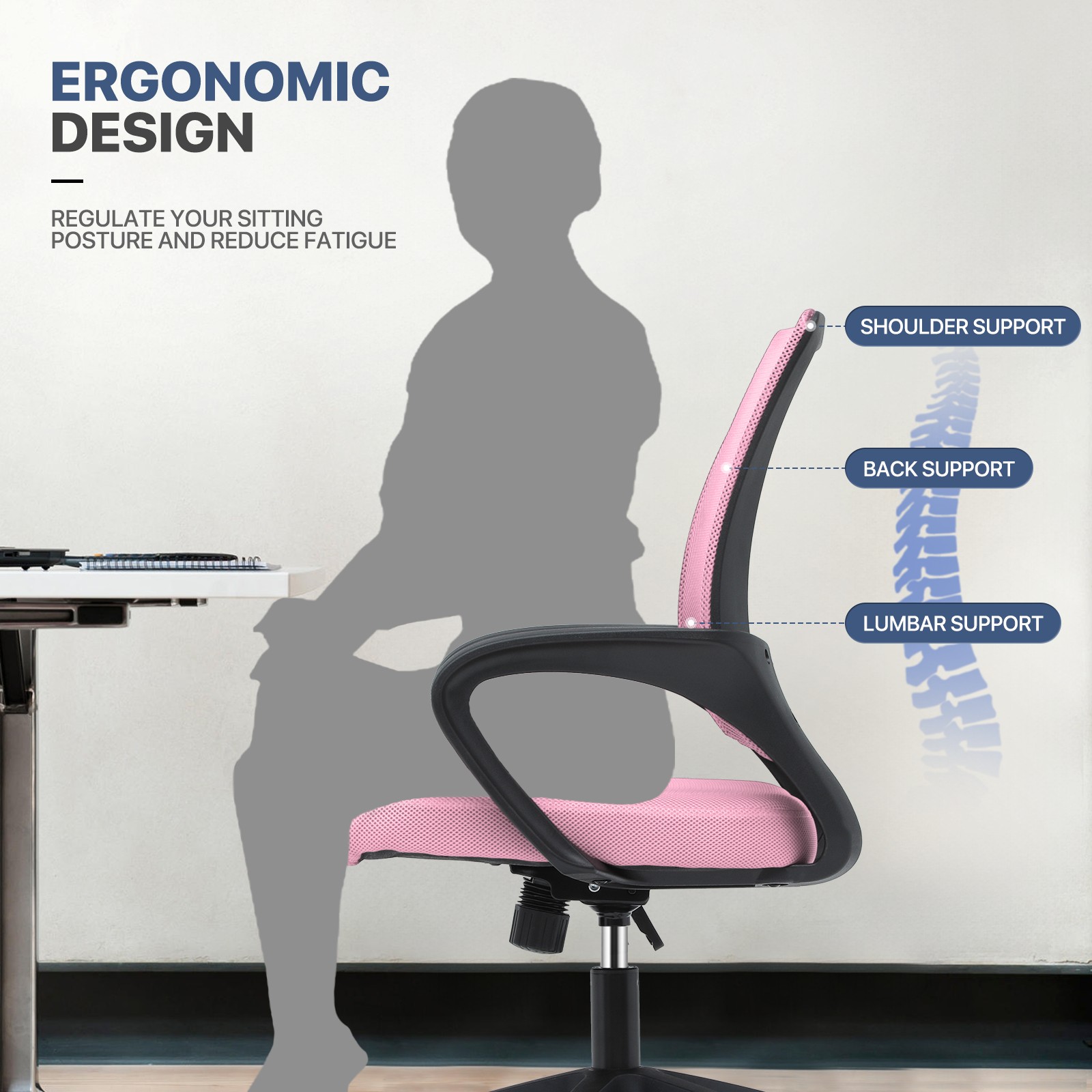 MoNiBloom Office Chair Mid Back Swivel Lumbar Support Desk Chair, Height Adjustable Ergonomic Mesh Computer Chair with Armrest, Pink
